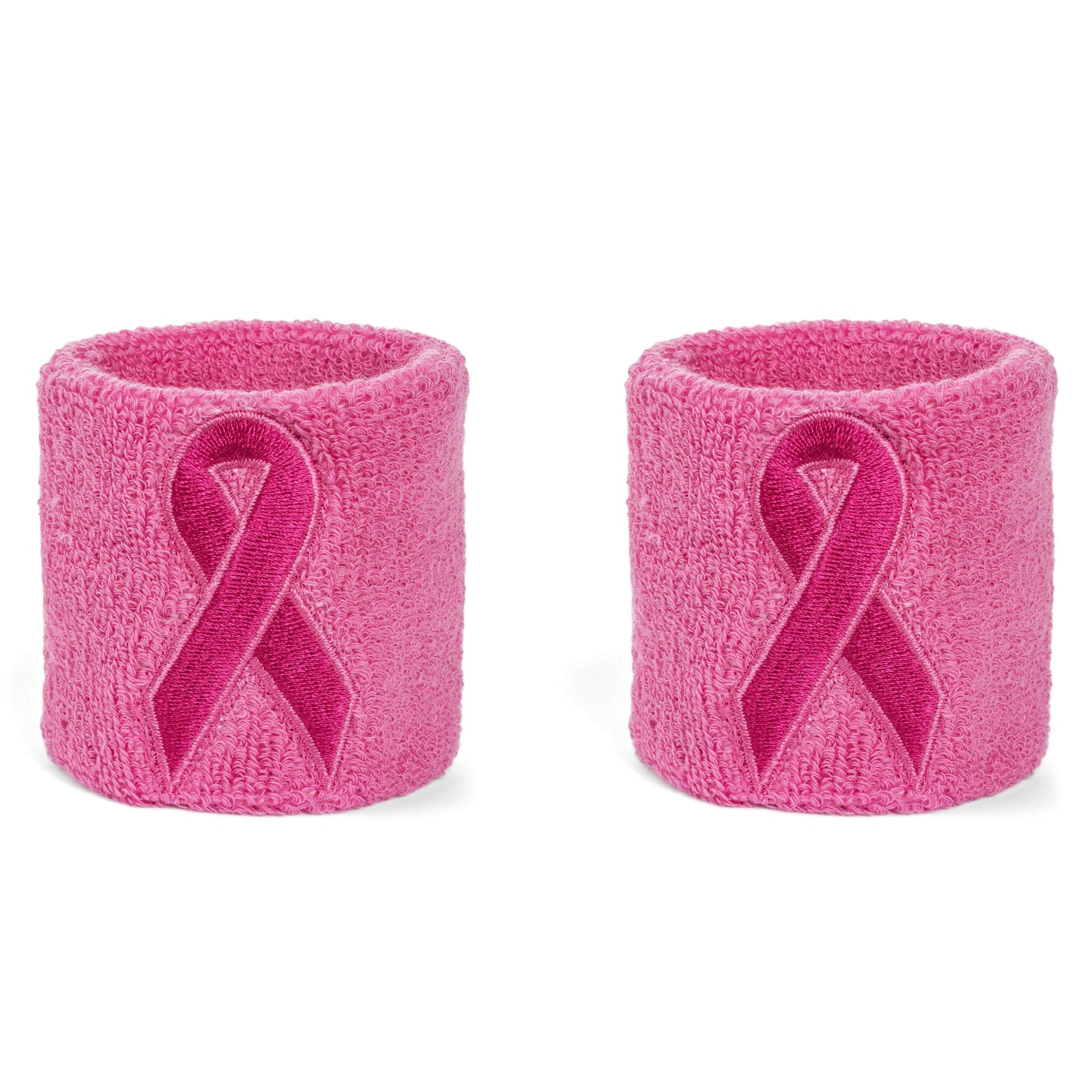 Pink Ribbon Wristband Pair - Breast Cancer Awareness Wrist Sweatbands –
